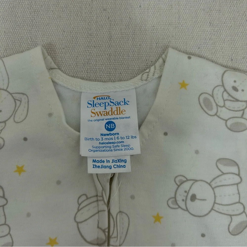 Halo Sleep Sack Swaddle White with Gray Bears and Yellow Stars NB